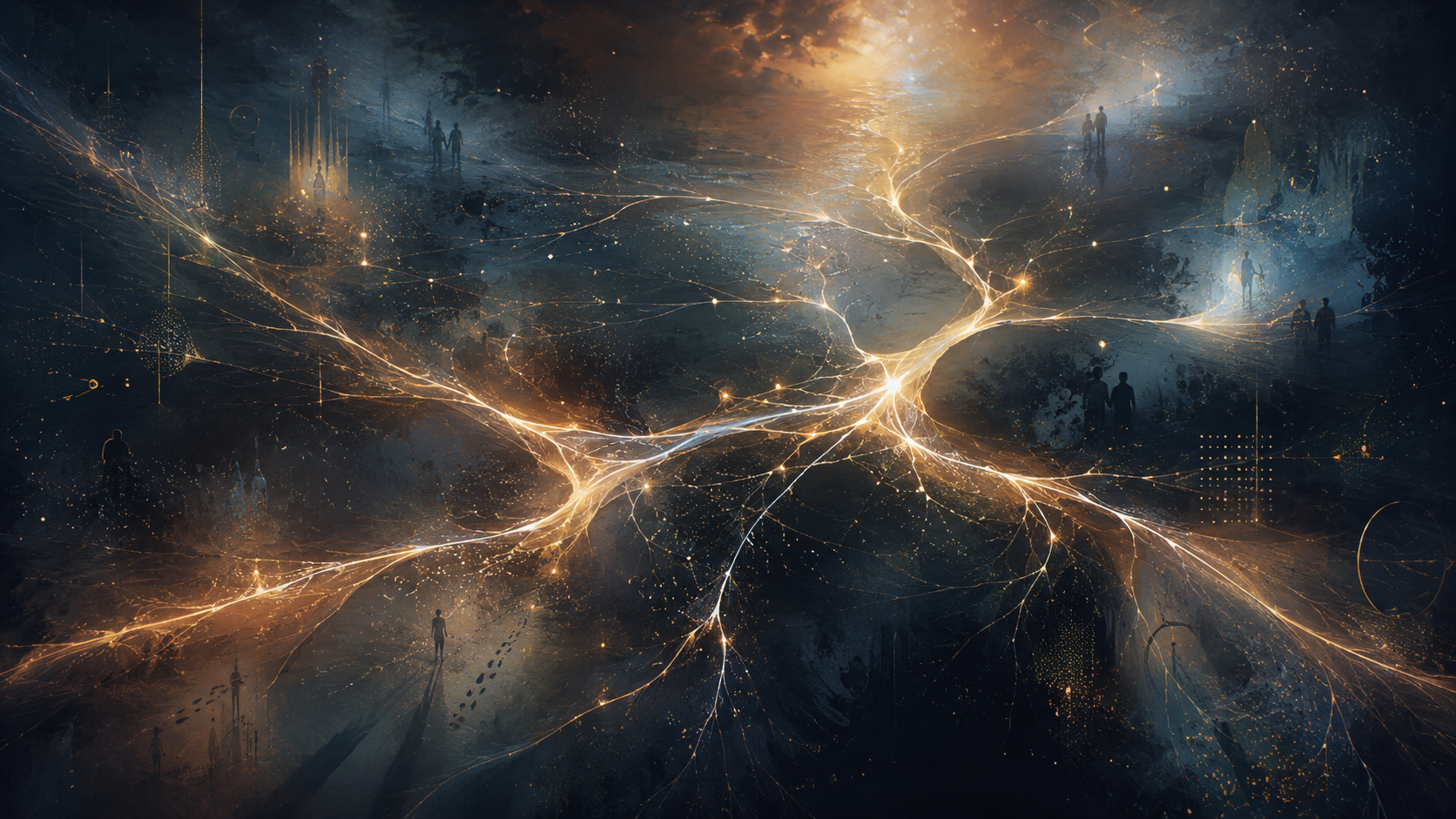 Abstract glowing paths crossing in a dark cosmic landscape